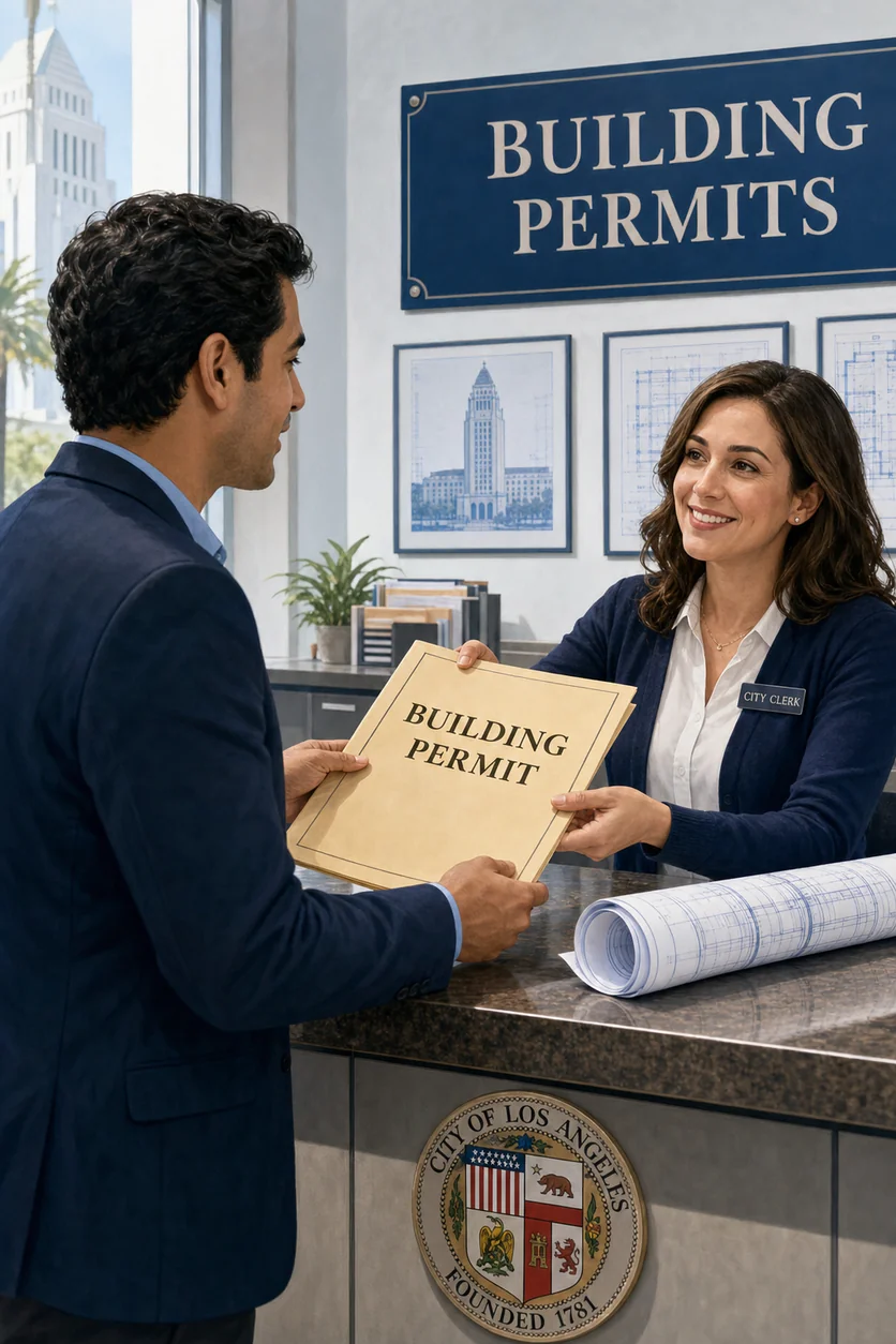 Permit runner at LADBS counter submitting architectural plans