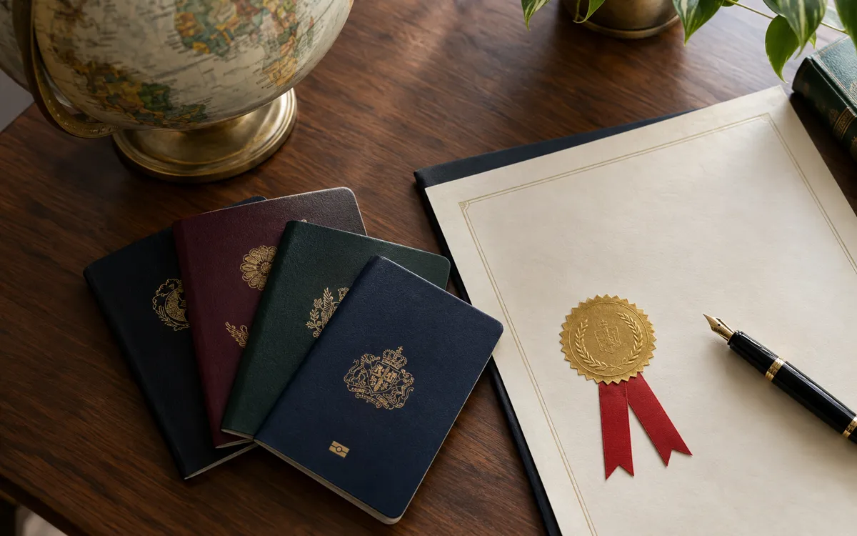 Passports from several countries beside a document with a gold Apostille seal