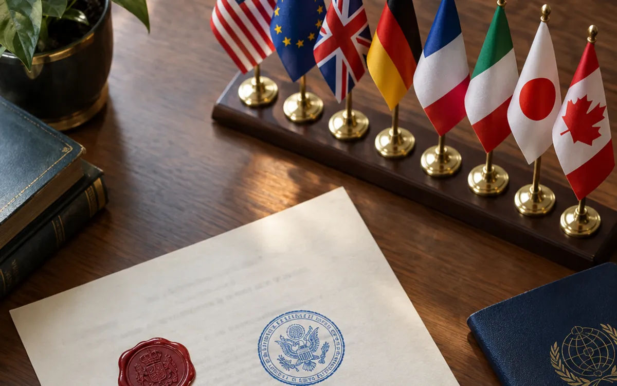 Embassy stamps and seals on a document beside a row of national flags