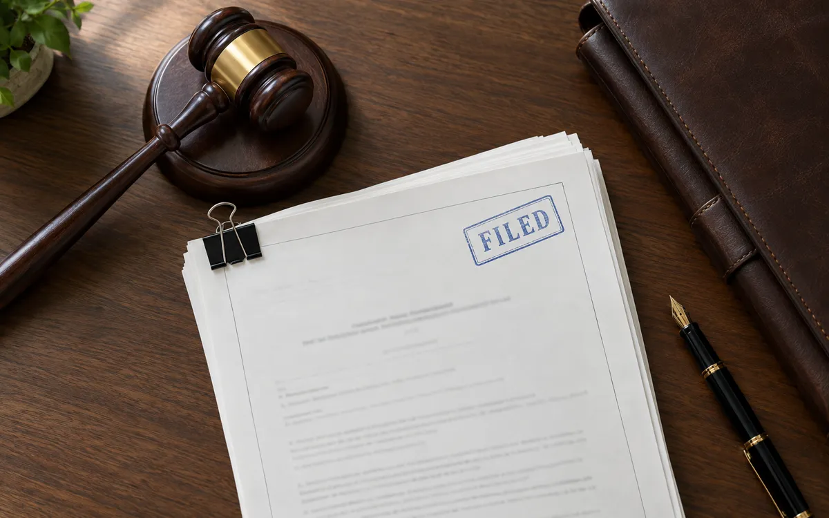 Court papers stamped filed beside a judge’s gavel