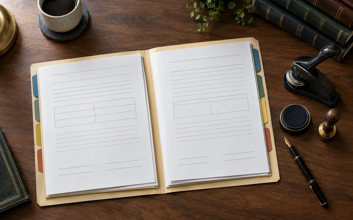Open folder of fillable forms beside a Notary embosser and stamp