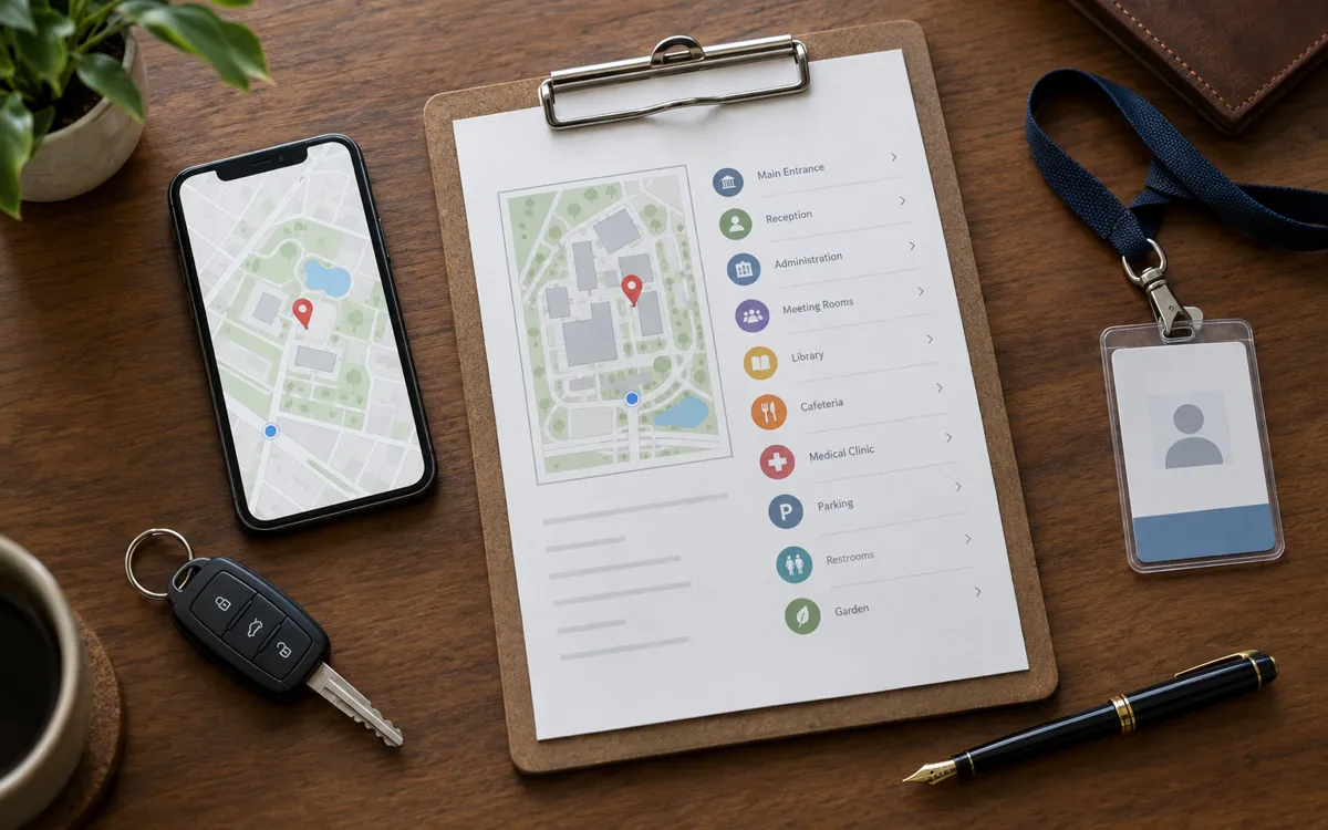 Phone map and facility directory on a clipboard with a visitor badge