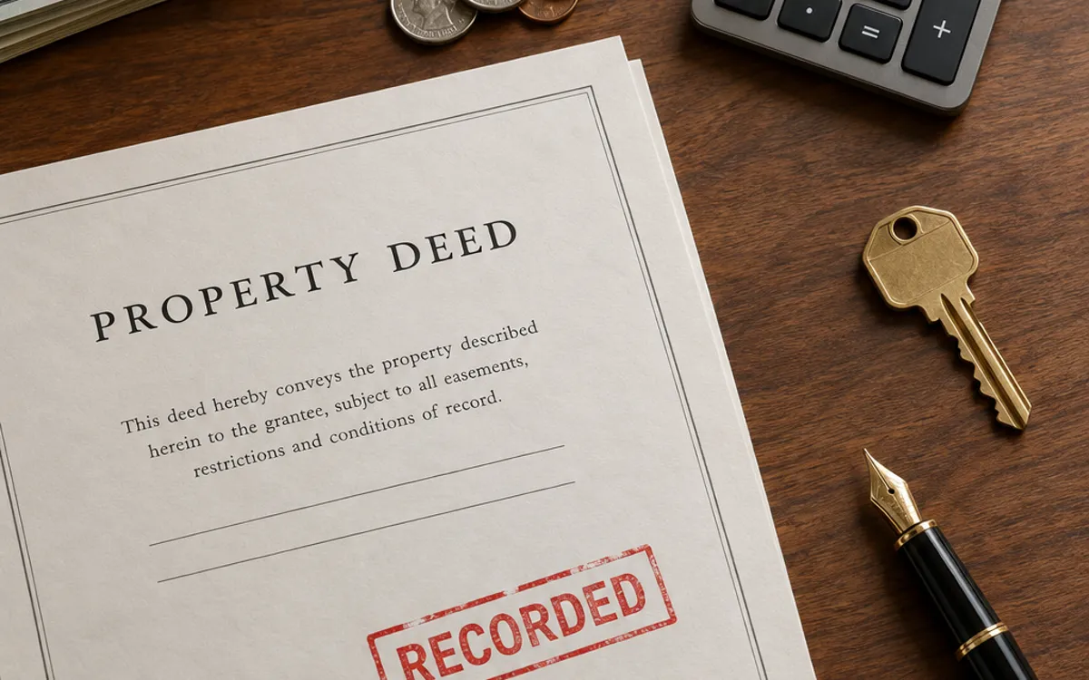 Recorded property deed with a calculator, house key, and recording fees