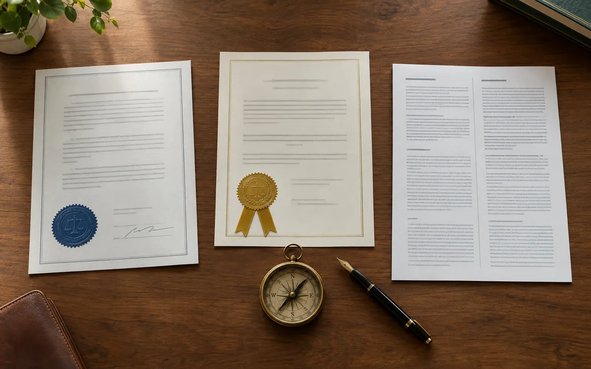 Notarized, Apostilled, and translated documents laid out side by side with a compass