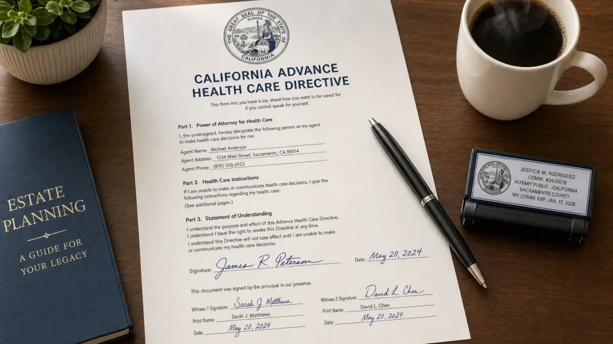 California advance health care directive form on a desk with a pen and water glass