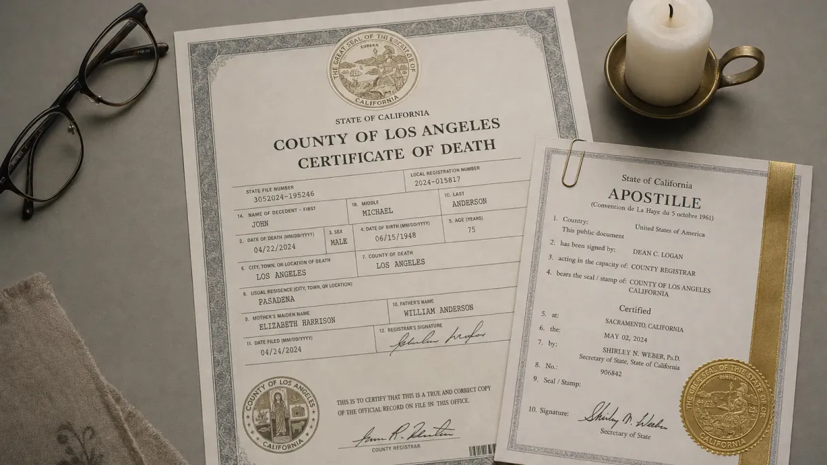 Certified death certificate with apostille seal on a quiet desk with white flowers