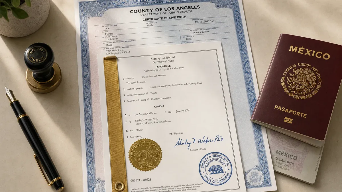 California apostille document with Mexican passport and pen on a desk