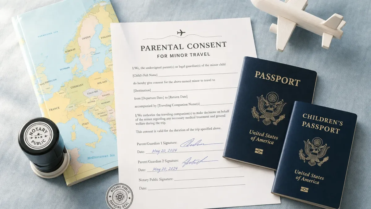 Parental travel consent form with child's passport and airline boarding pass on a desk