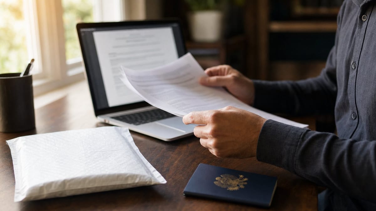 Hands holding a freshly printed multi-page federal document at a desk beside a laptop, a U.S. passport, and a courier mailer