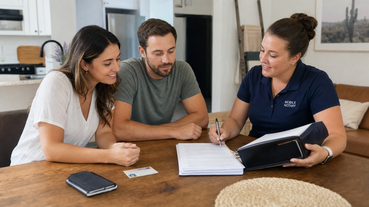 A couple and mobile notary review a loan-signing package at a California home dining table.