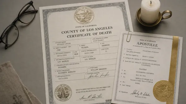 Certified death certificate with apostille seal on a quiet desk with white flowers