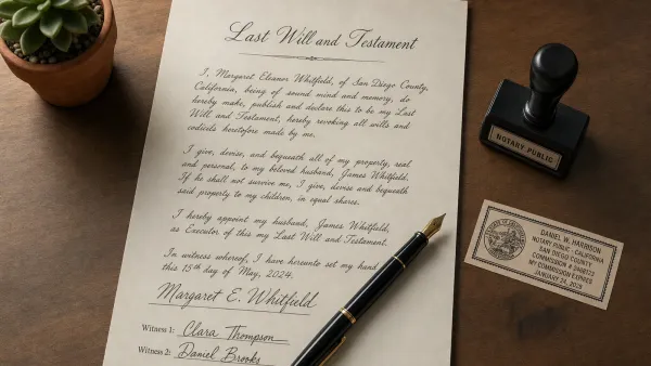 Last will and testament document with fountain pen on a wooden desk