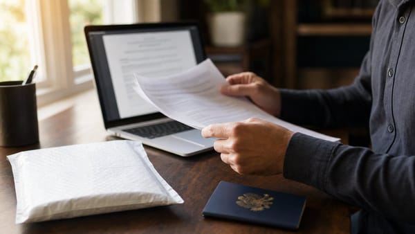 Hands holding a freshly printed multi-page federal document at a desk beside a laptop, a U.S. passport, and a courier mailer