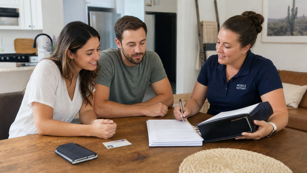 A couple and mobile notary review a loan-signing package at a California home dining table.