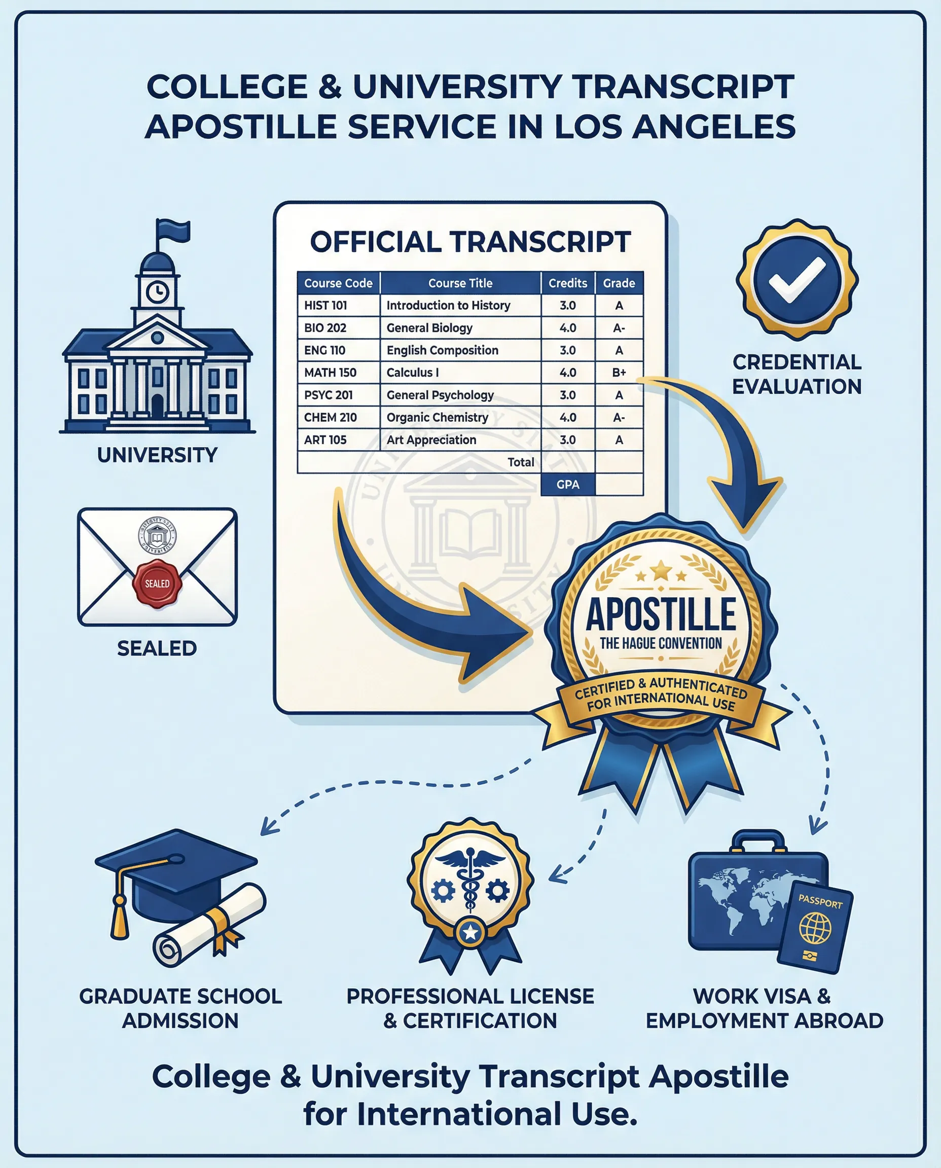 College transcript prepared for apostille in Los Angeles