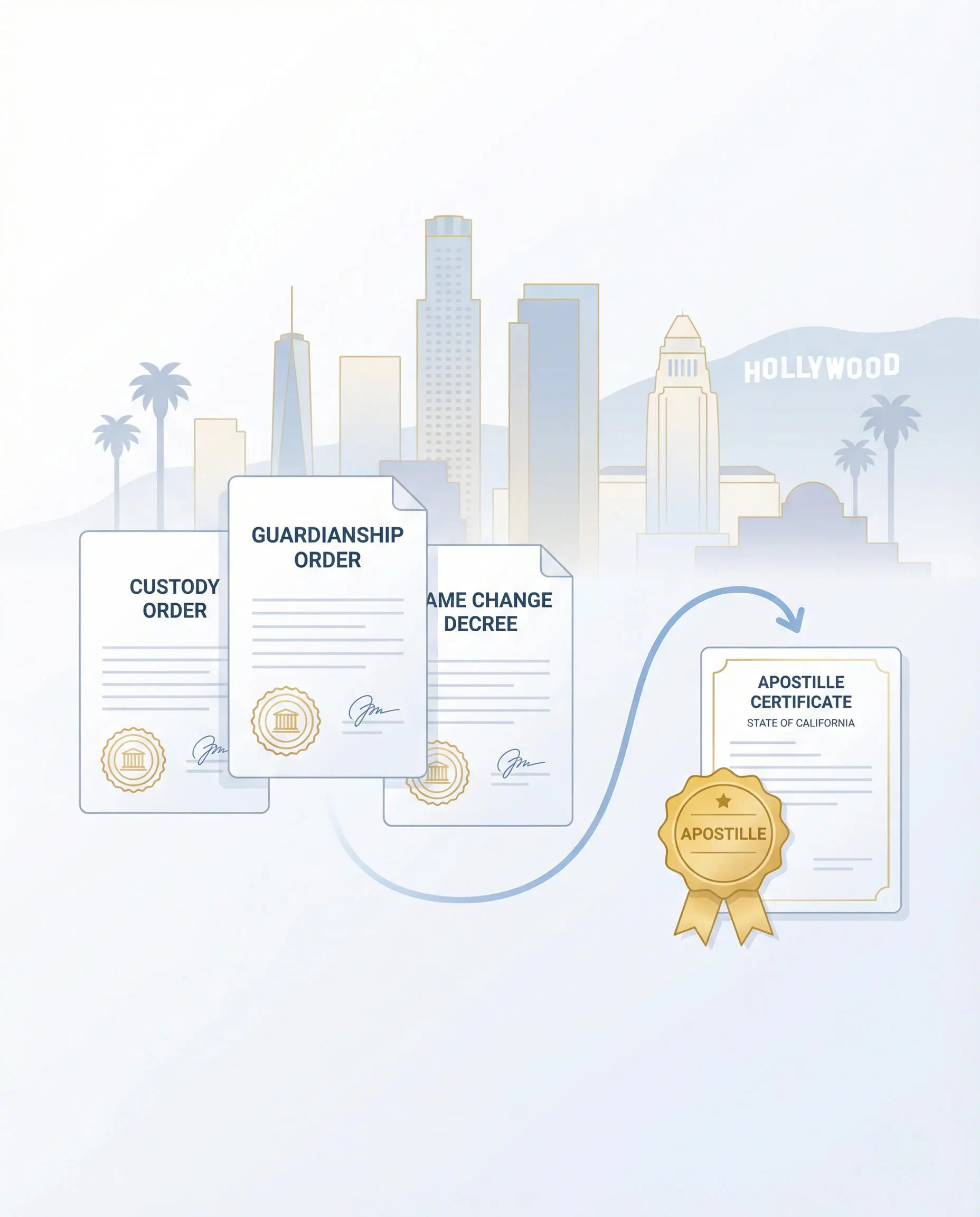 Custody, guardianship, and name change court orders being prepared for apostille in Los Angeles