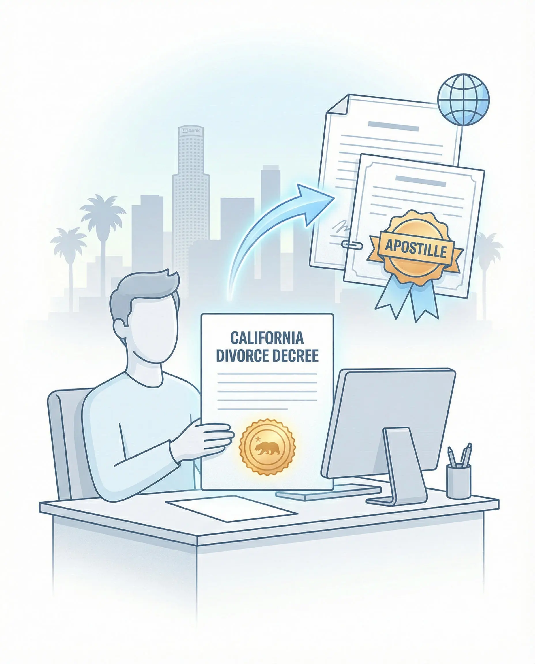 Los Angeles client holding a California divorce decree prepared for apostille