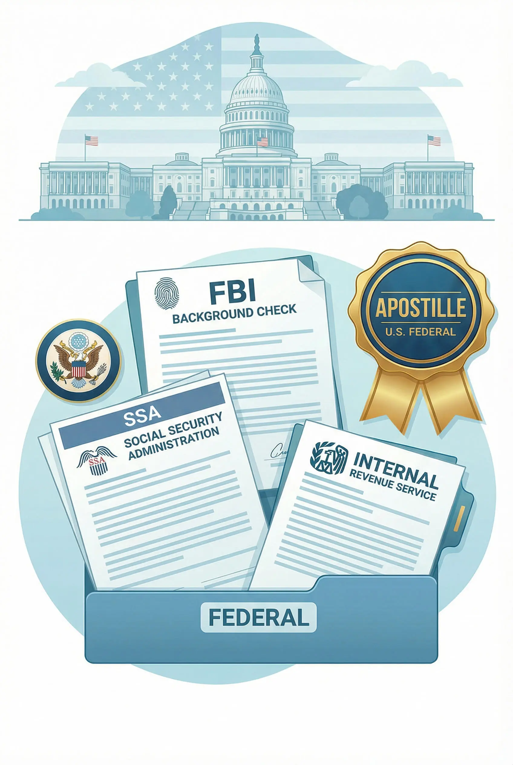 Federal documents such as an FBI background check and Social Security letter prepared for apostille in Los Angeles