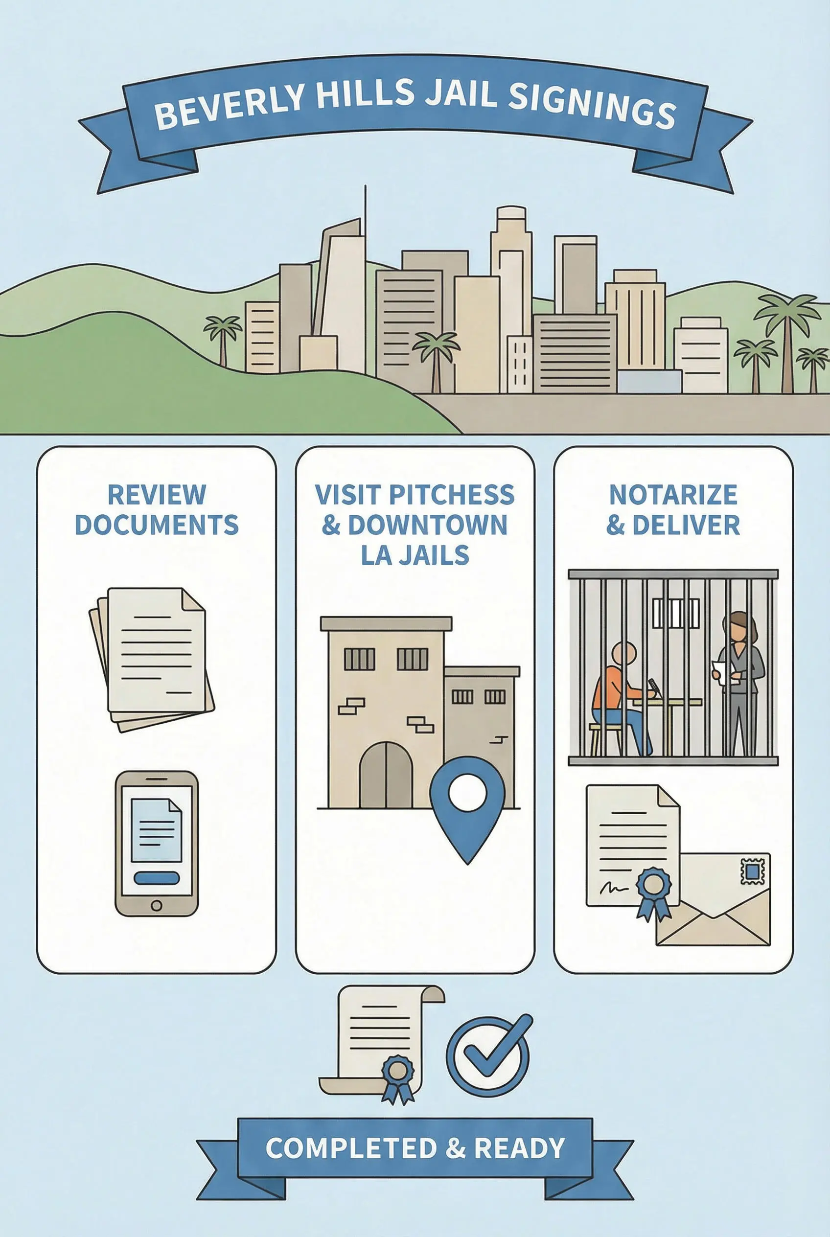 Notary preparing jail signing documents for Beverly Hills families