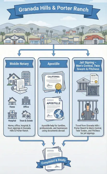 Mobile notary visiting a client in Granada Hills / Porter Ranch for apostille and trust documents