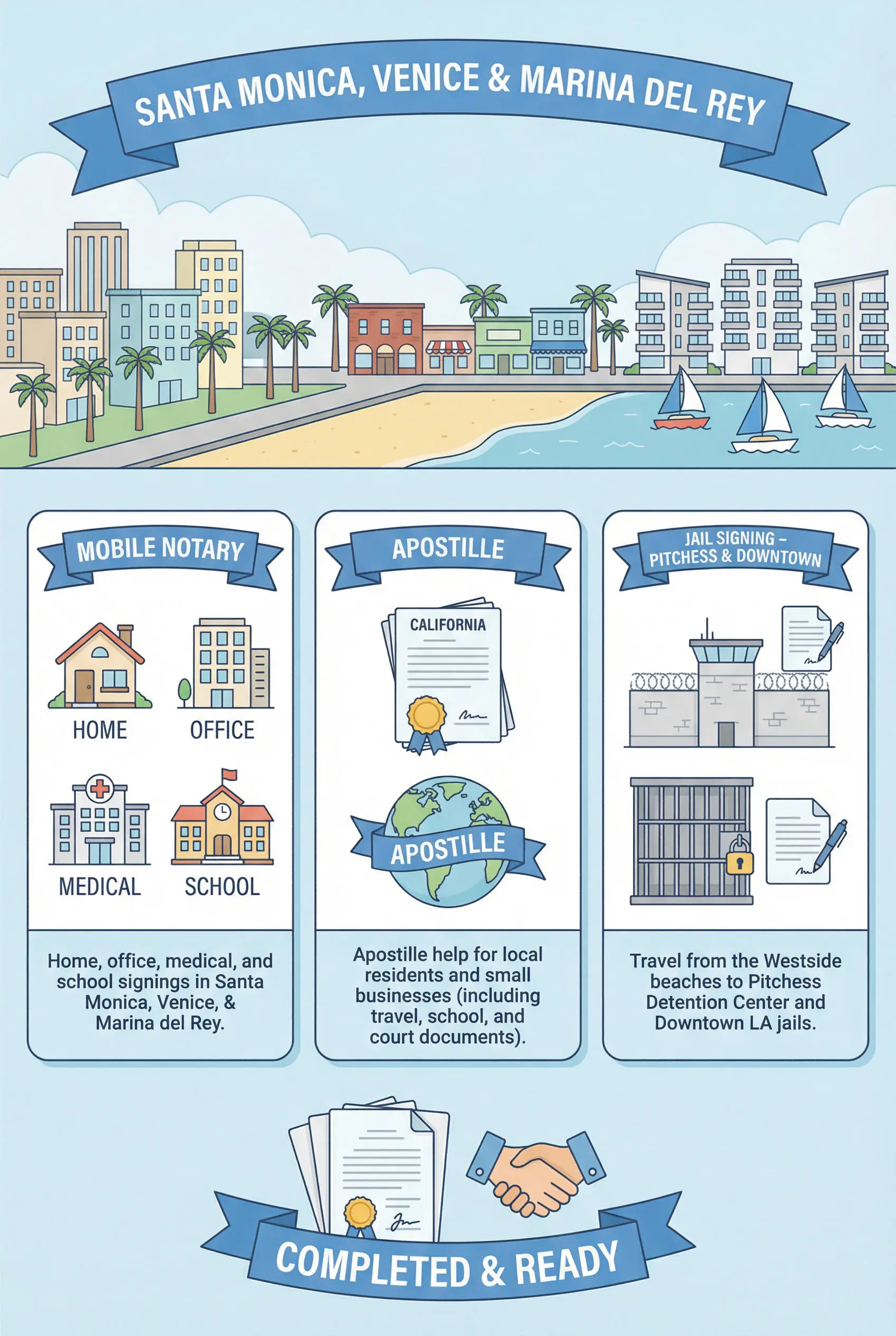 Santa Monica, Venice & Marina del Rey mobile notary, apostille, and jail signing infographic