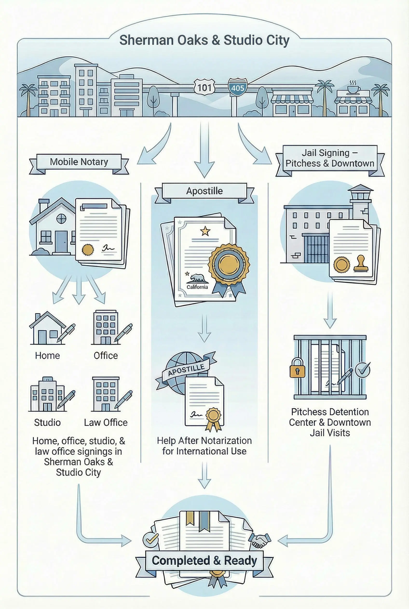 Illustration of mobile notary, apostille, and jail signing services for Sherman Oaks and Studio City