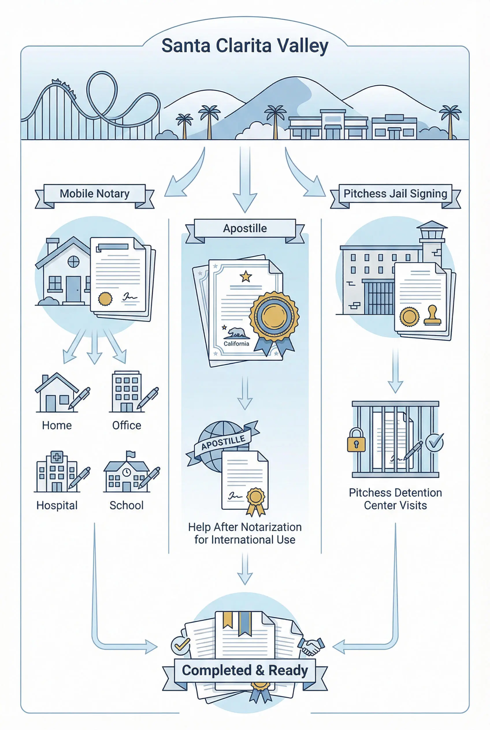 Illustration of jail documents for Pitchess Detention Center being notarized for families in Valencia and Santa Clarita