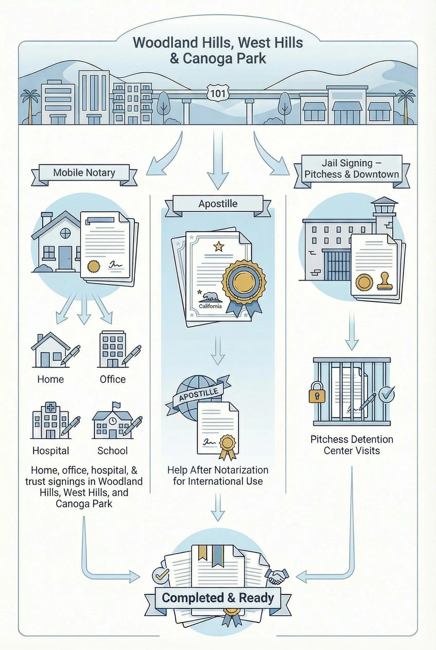 Illustration of mobile notary, apostille, and jail signing services for Woodland Hills, West Hills, and Canoga Park