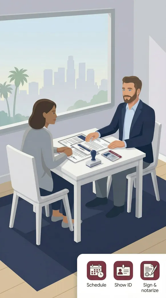 Illustration of a mobile notary visiting clients across Los Angeles